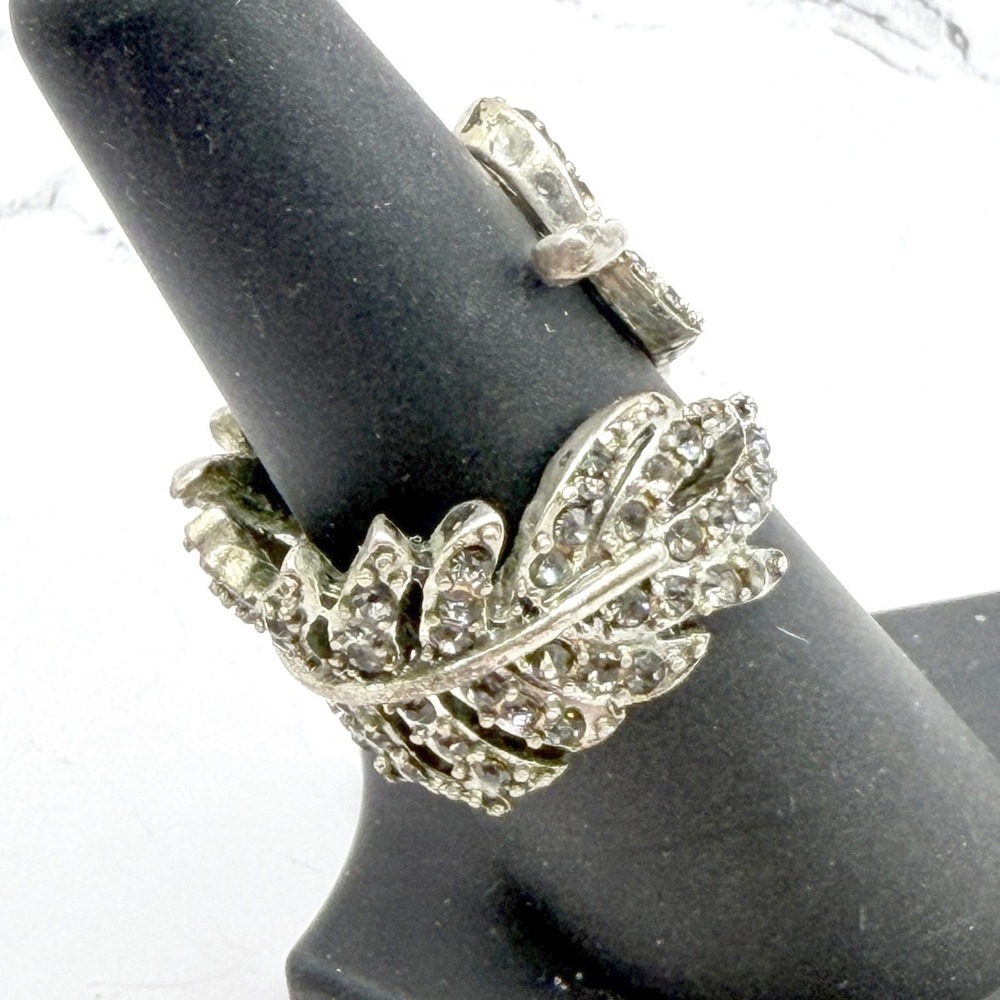 Vintage Style Silver Tone Rhinestone Leaf Wrap Ring Size 7.5 See VIDEO